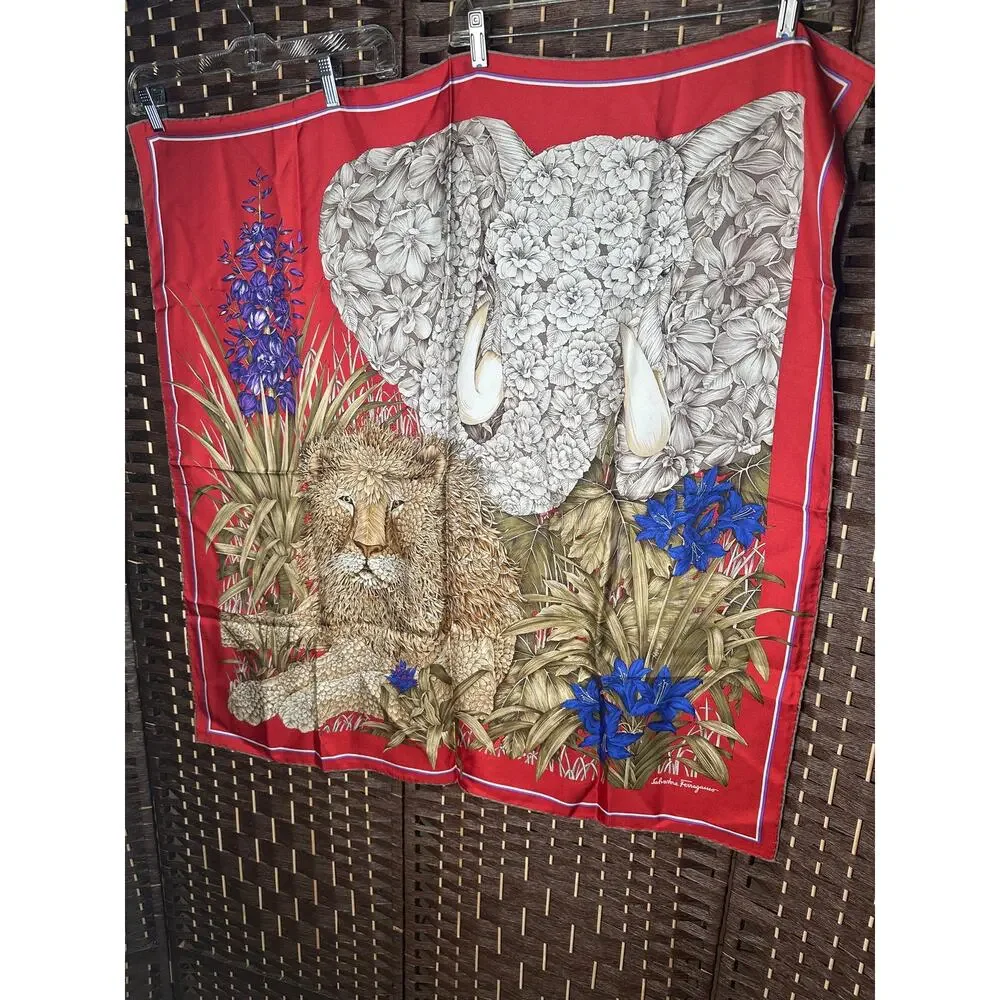 Salvatore Ferragamo Silk Scarf Vintage Floral Elephant Lion Botanical Red